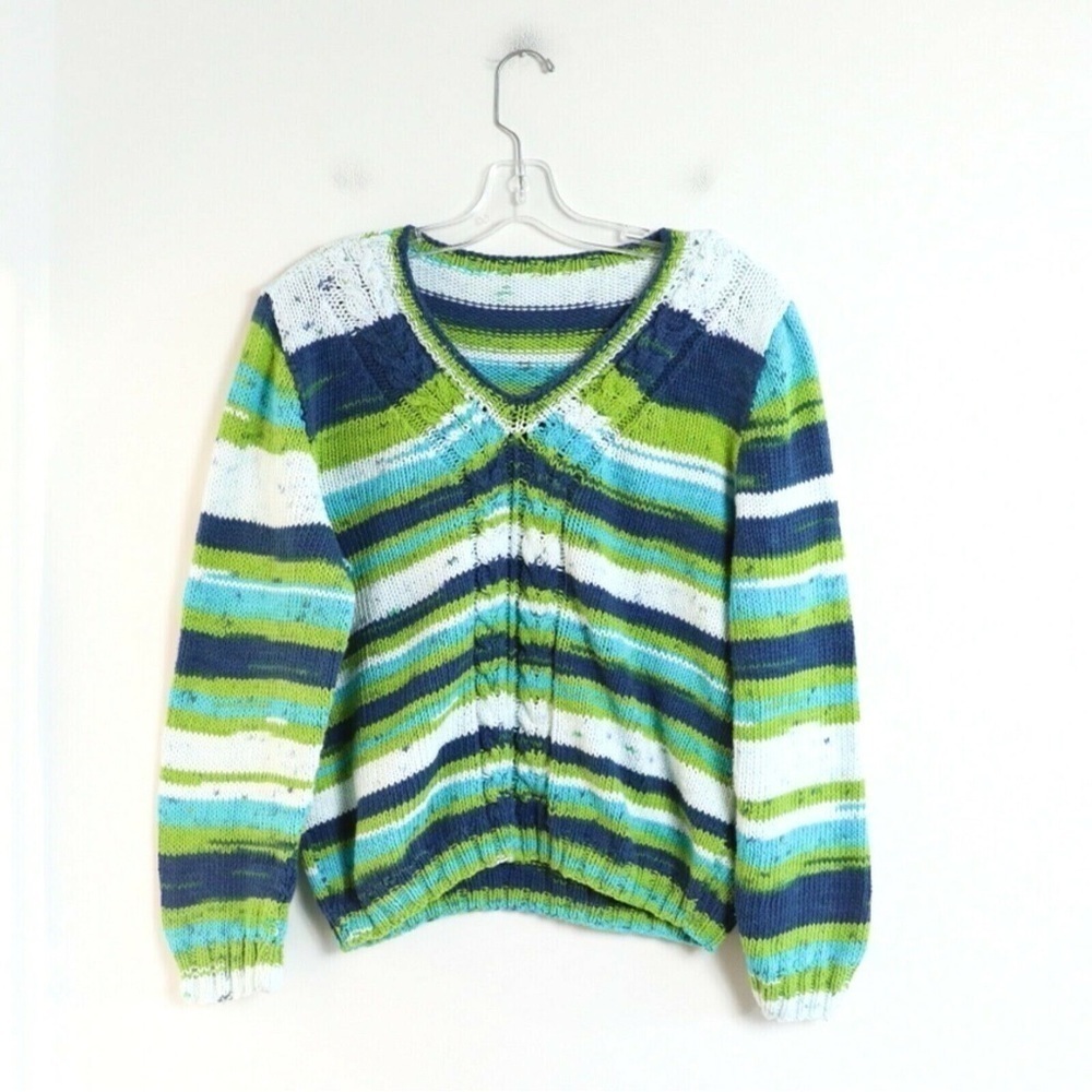 Oversized hand-knit striped sweater long sleeve top M L cotton trendy 90 cottage